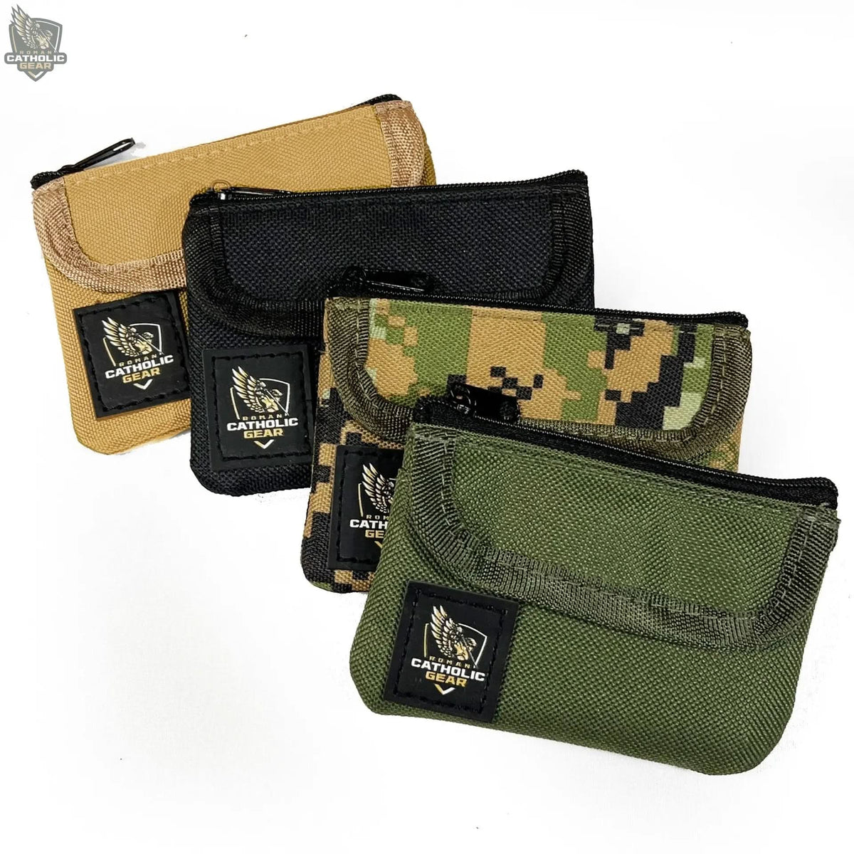 A collection of Combat Rosary Pouches in various colors including beige, black, camouflage, and green, each featuring a zipper closure and the St. Michael the Archangel logo.