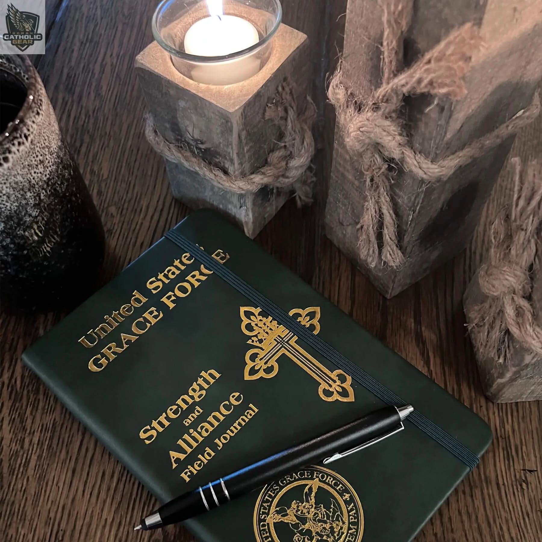 GraceForce Strength and Alliance Field Journal candles and pen