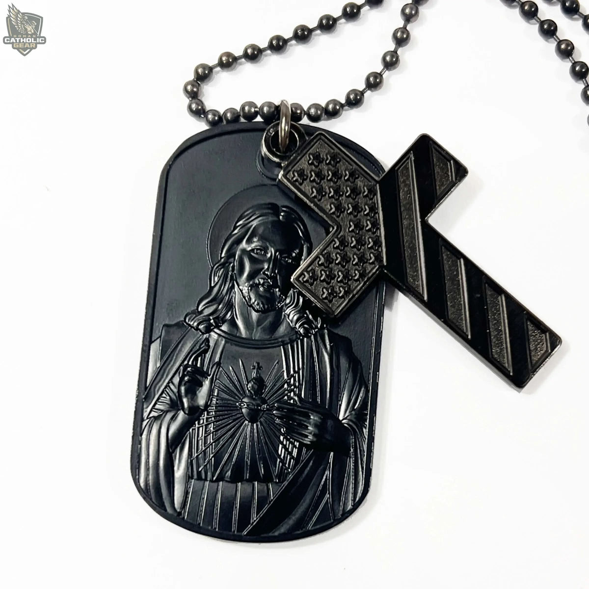 Sacred Heart Dog Tag and American Flag Cross Roman Catholic Gear