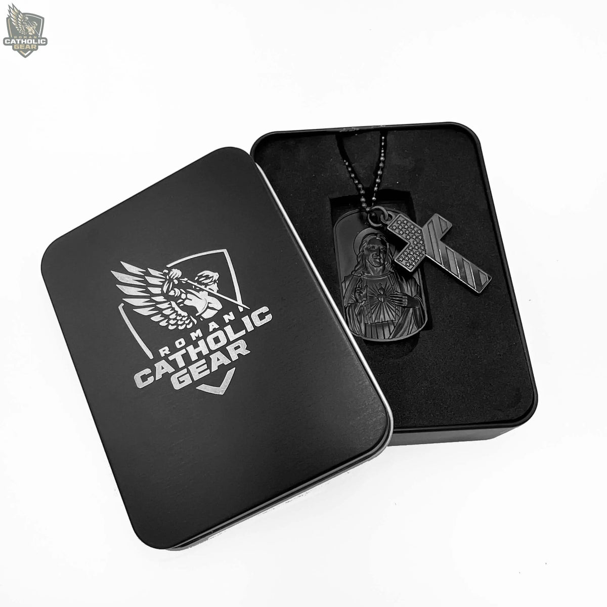 Sacred Heart Dog Tag and American Flag Cross Roman Catholic Gear