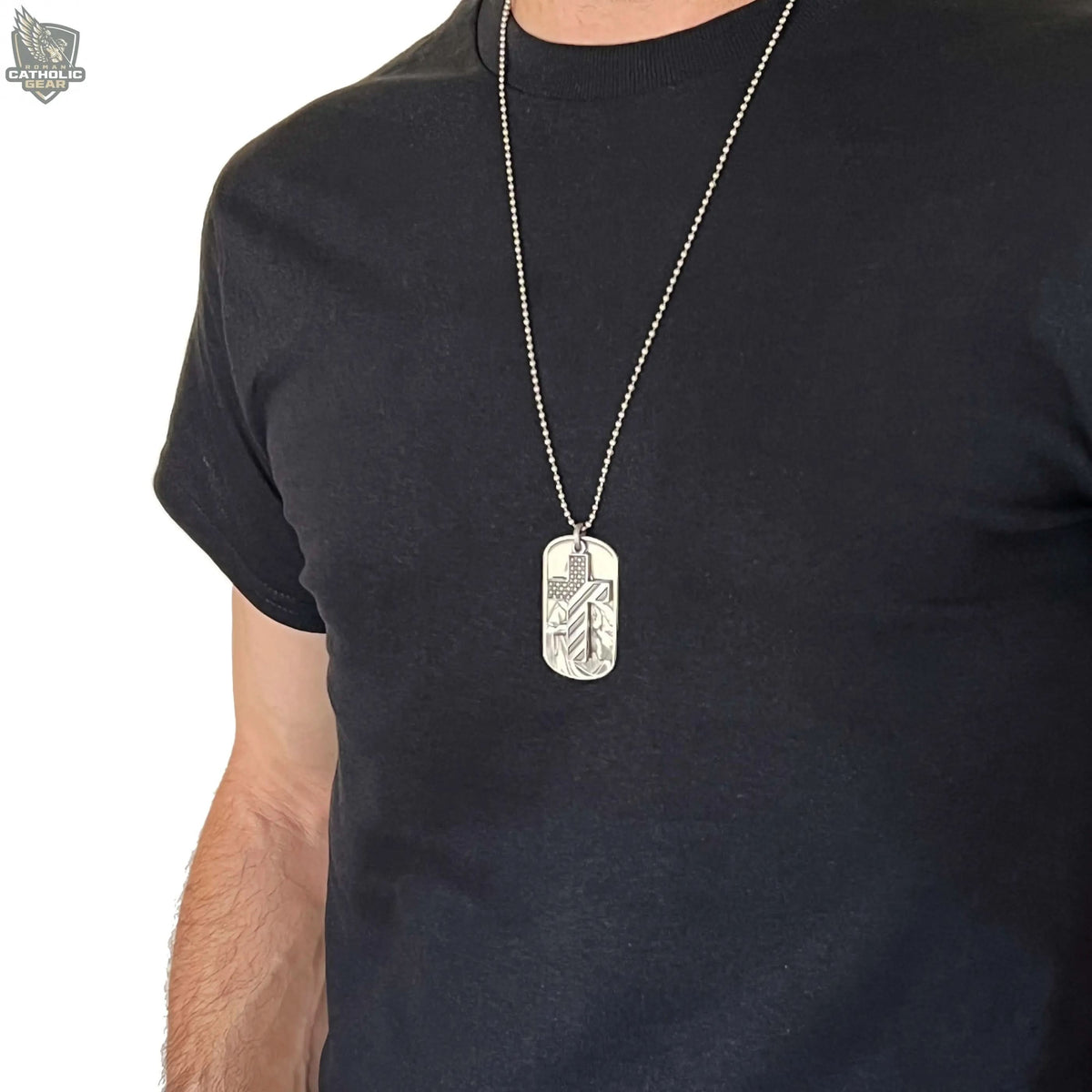 Sacred Heart Dog Tag and American Flag Cross Roman Catholic Gear