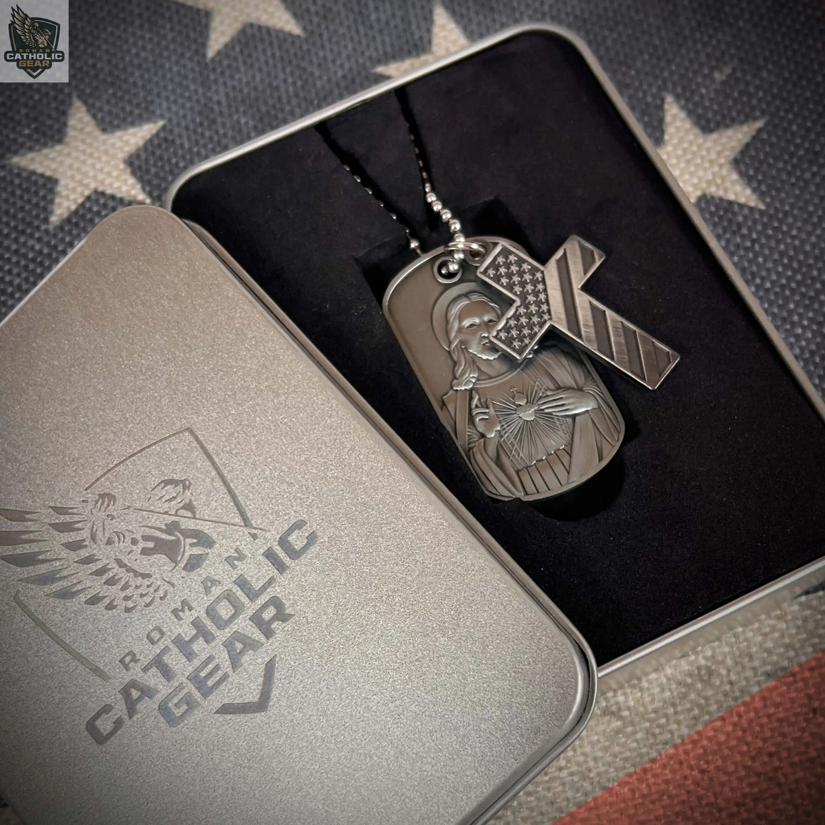 Sacred Heart Dog Tag and American Flag Cross Roman Catholic Gear