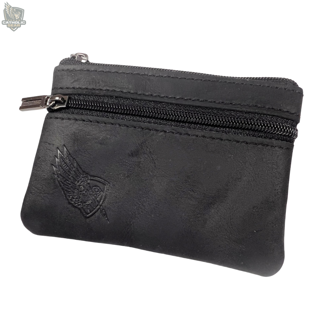 Black leather pouch with a zipper and embossed logo on a white background