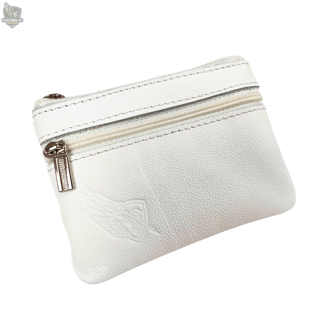 White leather pouch with a zipper on a white background