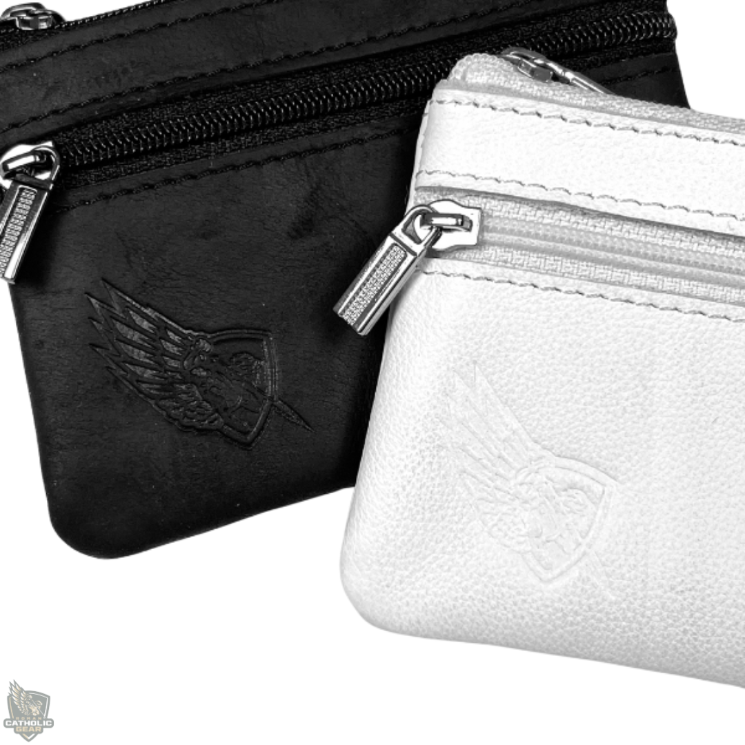 Black and white pouches with a logo on a white background