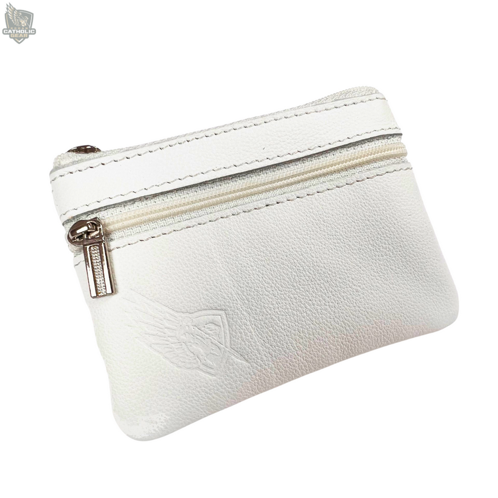 White leather pouch with a zipper on a white background